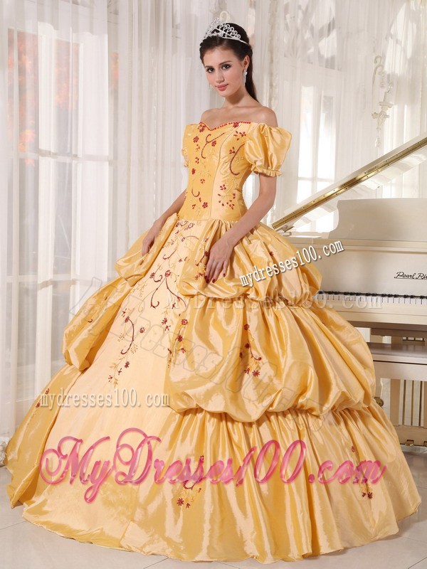 Gold Ball Gown Off Shoulder Quinceanera Gown with Pick-Ups and Embroidery