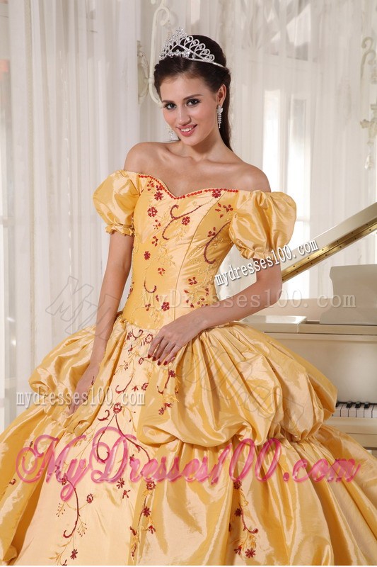 Gold Ball Gown Off Shoulder Quinceanera Gown with Pick-Ups and Embroidery