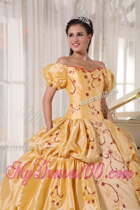Gold Ball Gown Off Shoulder Quinceanera Gown with Pick-Ups and Embroidery