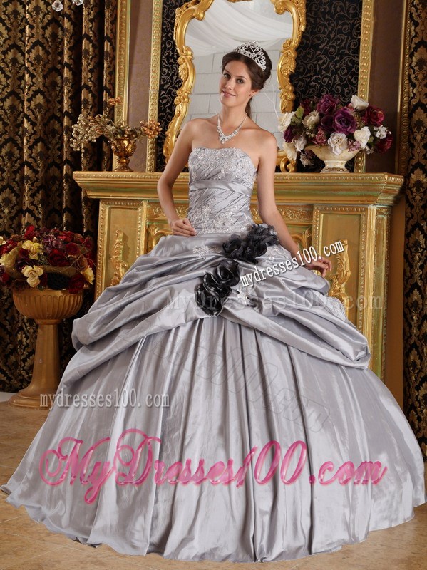 Grey Ruched Quinceanera Dress with Pick-Ups and Black Hand Made Flowers