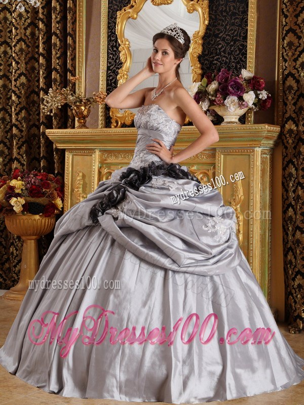 Grey Ruched Quinceanera Dress with Pick-Ups and Black Hand Made Flowers