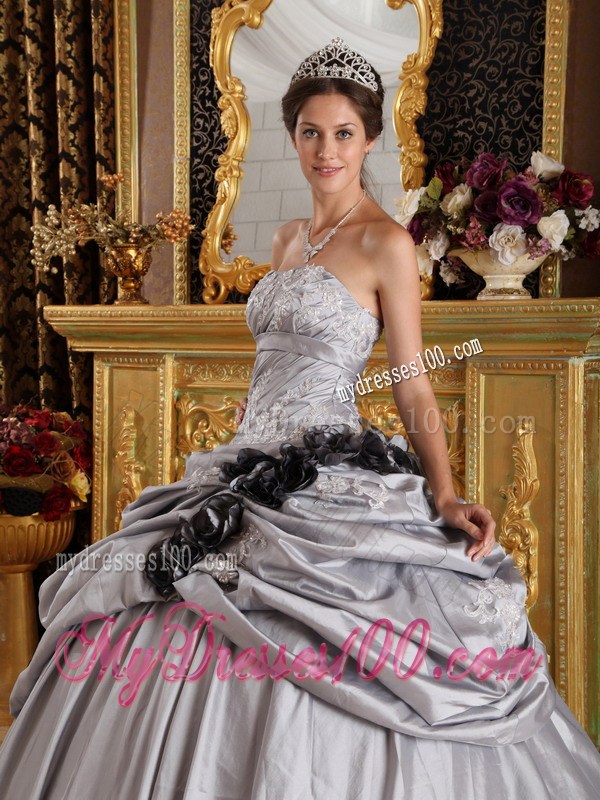 Grey Ruched Quinceanera Dress with Pick-Ups and Black Hand Made Flowers