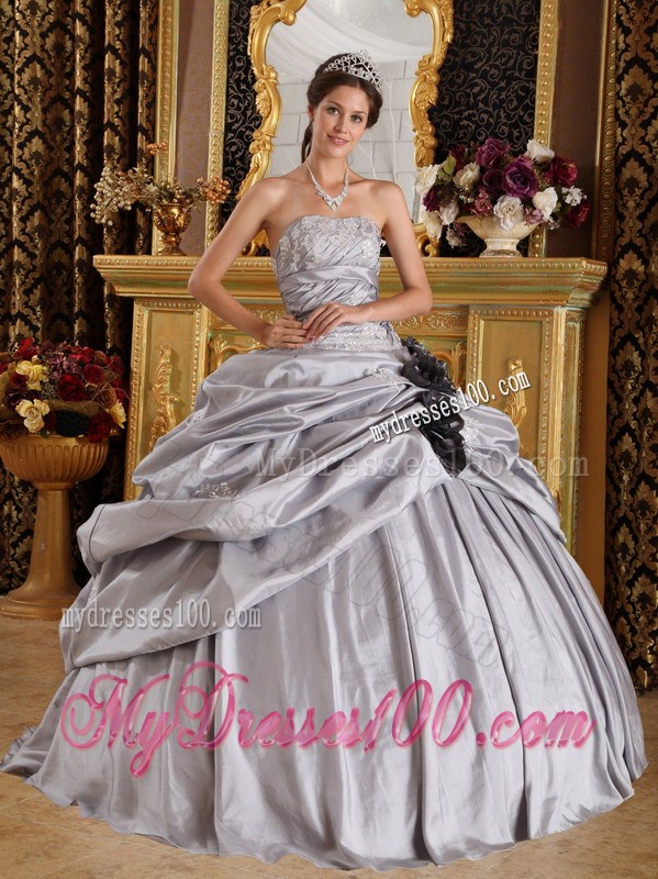 Grey Ruched Quinceanera Dress with Pick-Ups and Black Hand Made Flowers