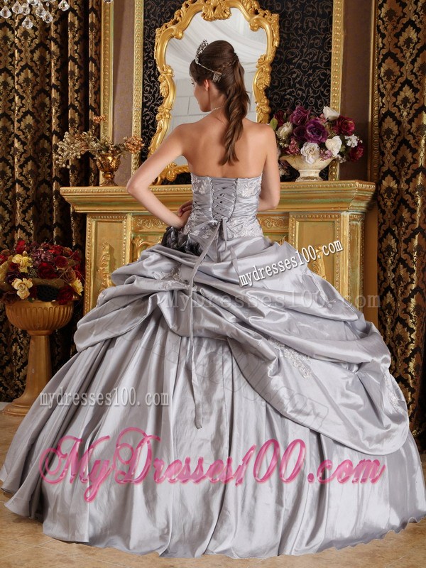 Grey Ruched Quinceanera Dress with Pick-Ups and Black Hand Made Flowers