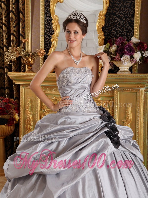 Grey Ruched Quinceanera Dress with Pick-Ups and Black Hand Made Flowers