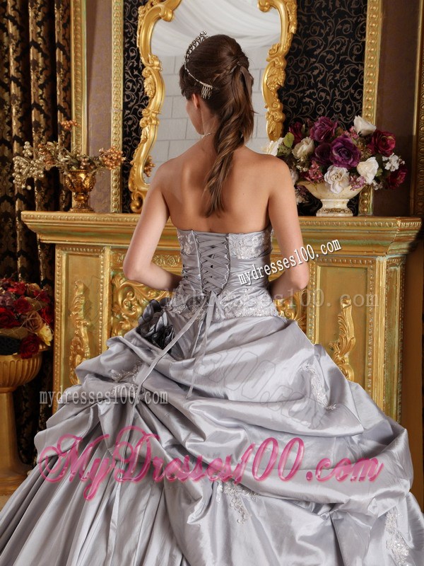 Grey Ruched Quinceanera Dress with Pick-Ups and Black Hand Made Flowers