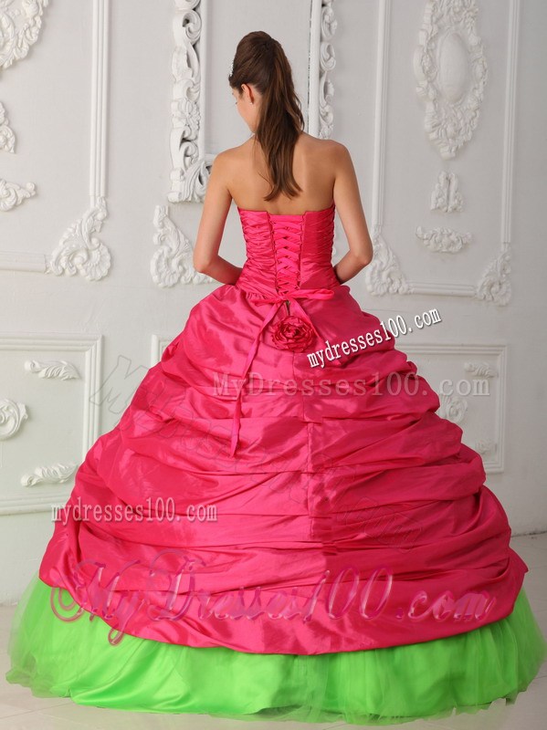 Hot Pink and Green Pickups Decorate Quinceanera Gown Dresses with Pick-ups