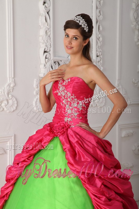 Hot Pink and Green Pickups Decorate Quinceanera Gown Dresses with Pick-ups