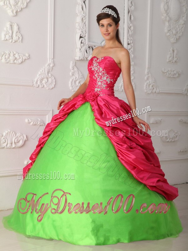 Hot Pink and Green Pickups Decorate Quinceanera Gown Dresses with Pick-ups