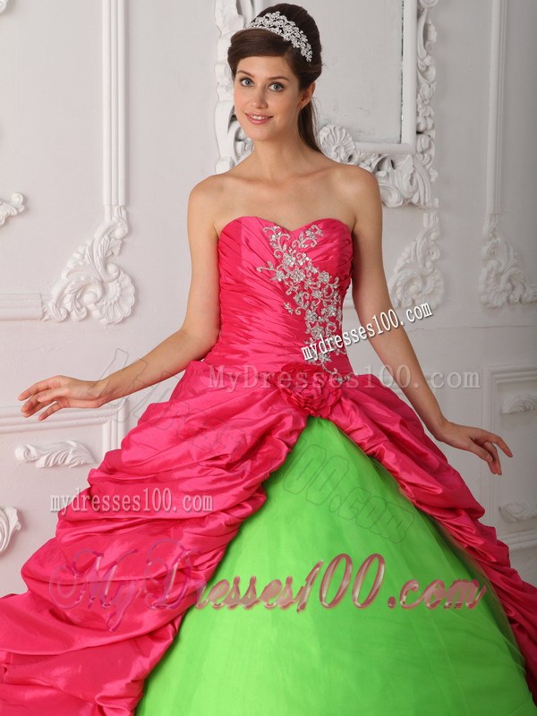 Hot Pink and Green Pickups Decorate Quinceanera Gown Dresses with Pick-ups