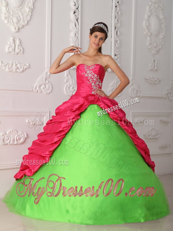 Hot Pink and Green Pickups Decorate Quinceanera Gown Dresses with Pick-ups