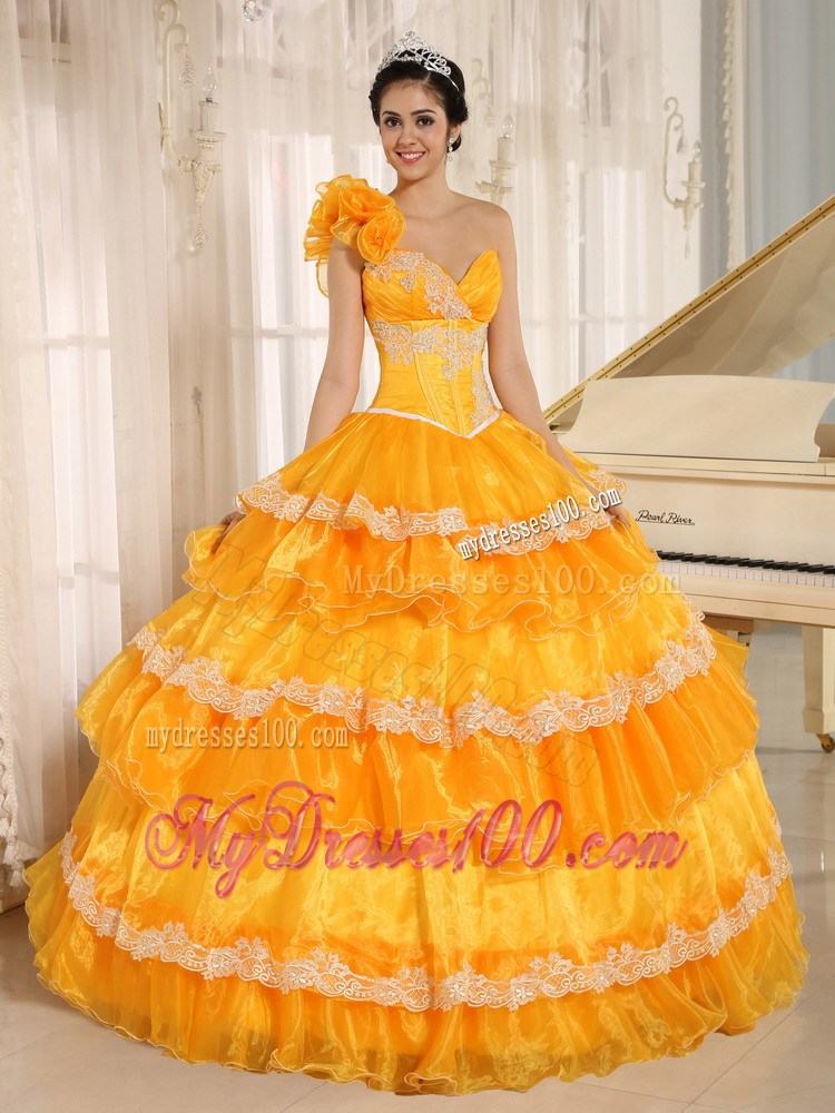 Flowery Single Shouder Dresses 16 with Appliques and Ruffled Layers
