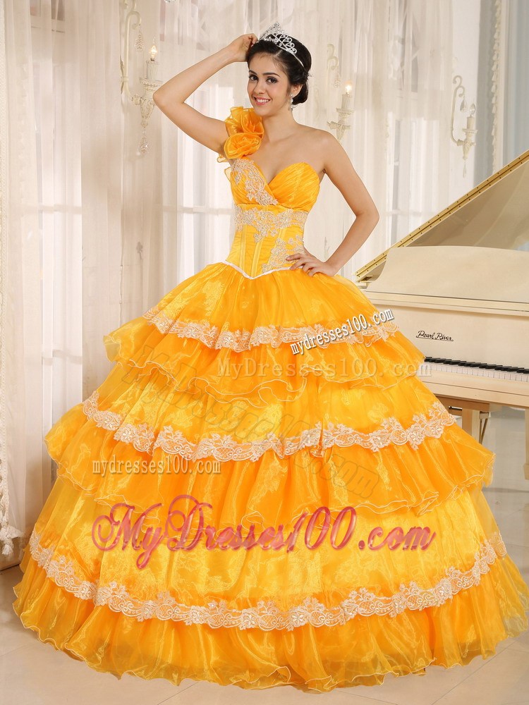 Flowery Single Shouder Dresses 16 with Appliques and Ruffled Layers