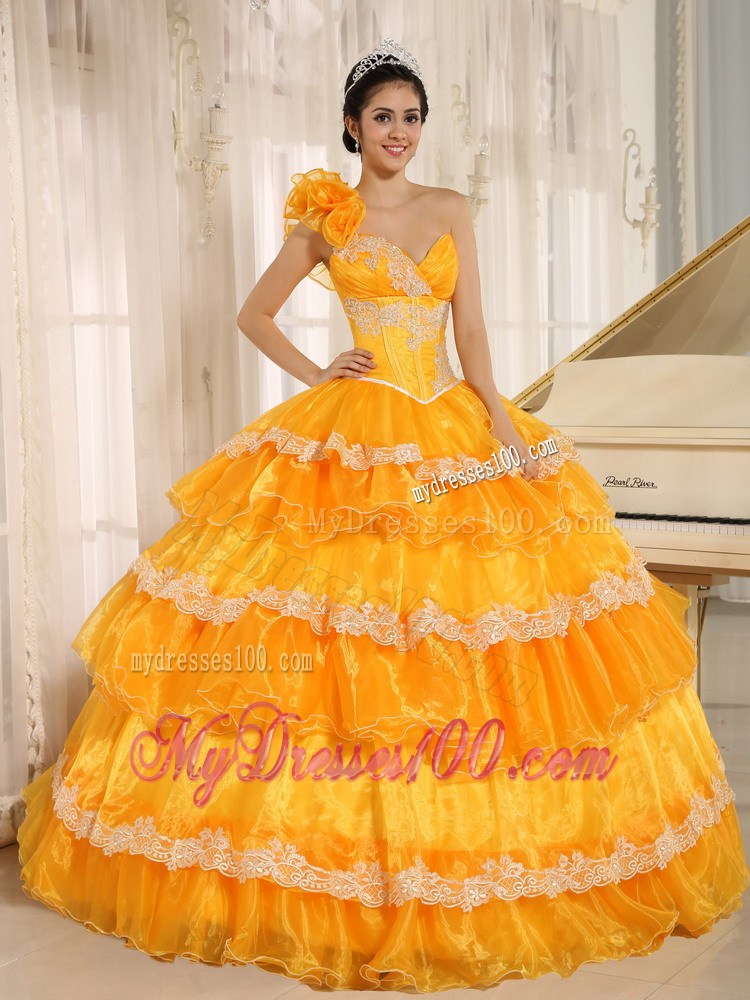 Flowery Single Shouder Dresses 16 with Appliques and Ruffled Layers