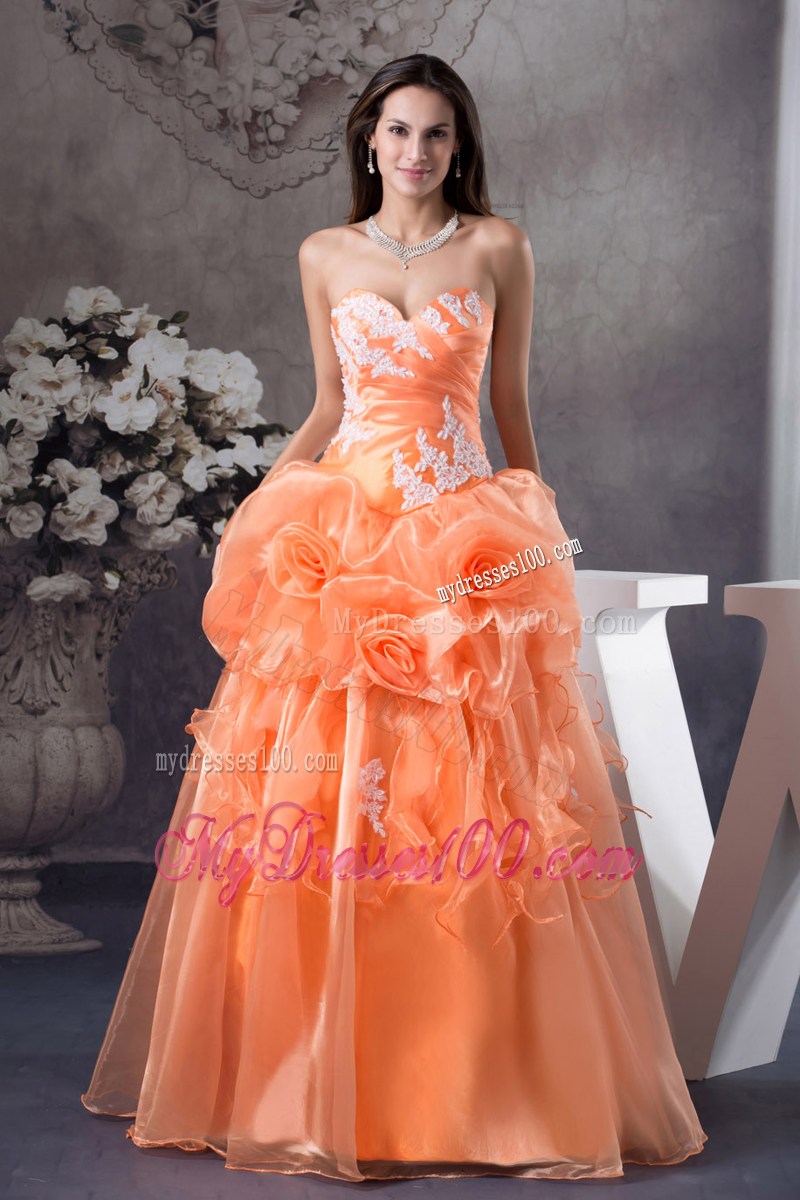 Orange Organza Quinceanera Dress with Appliques and Flowers