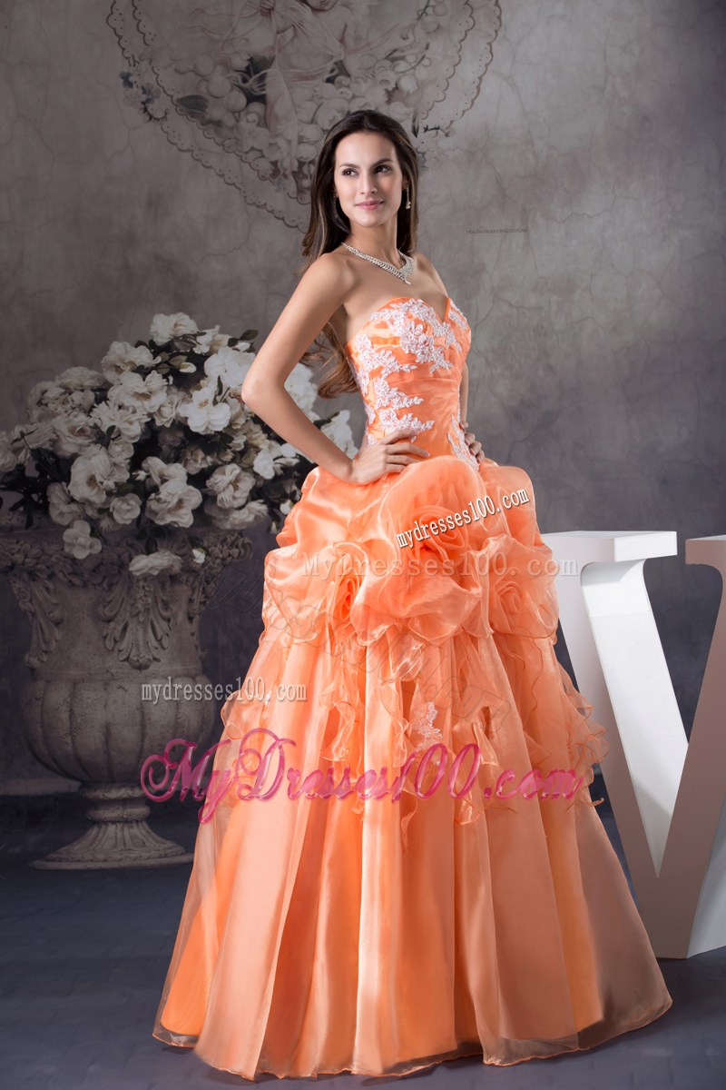 Orange Organza Quinceanera Dress with Appliques and Flowers