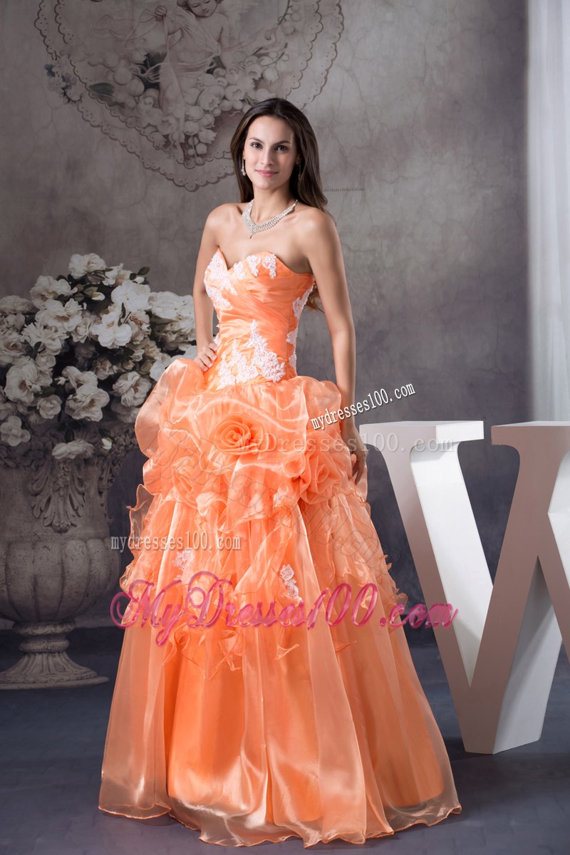 Orange Organza Quinceanera Dress with Appliques and Flowers