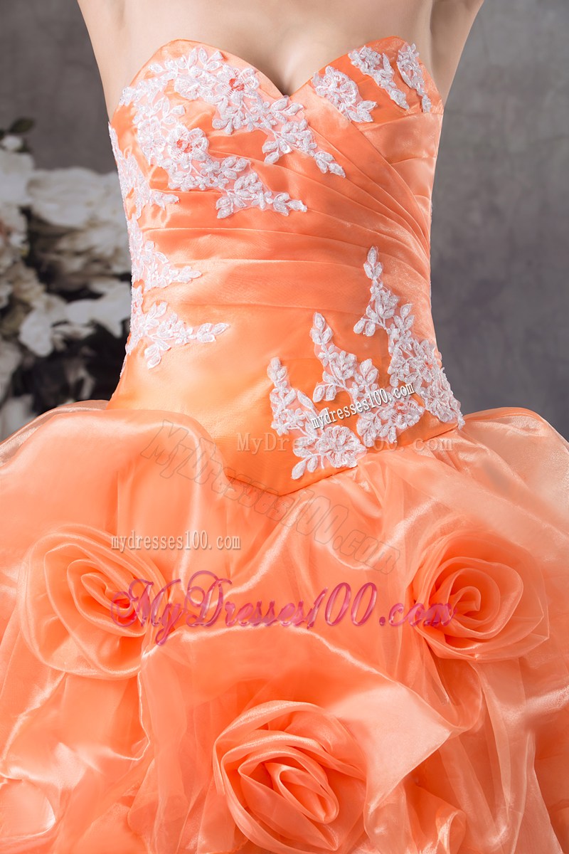 Orange Organza Quinceanera Dress with Appliques and Flowers