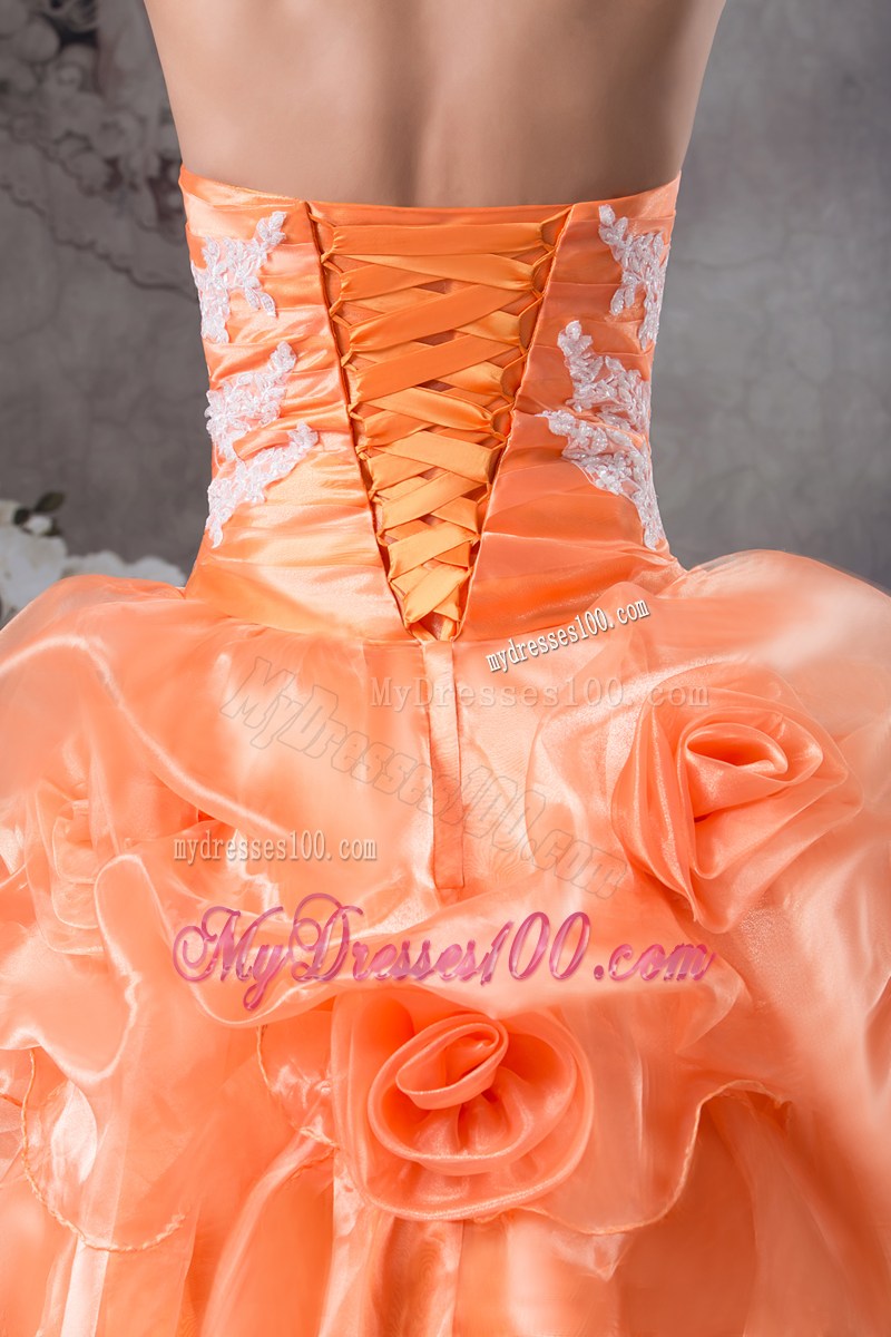 Orange Organza Quinceanera Dress with Appliques and Flowers
