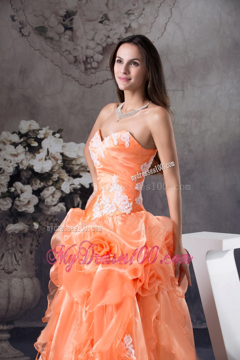 Orange Organza Quinceanera Dress with Appliques and Flowers