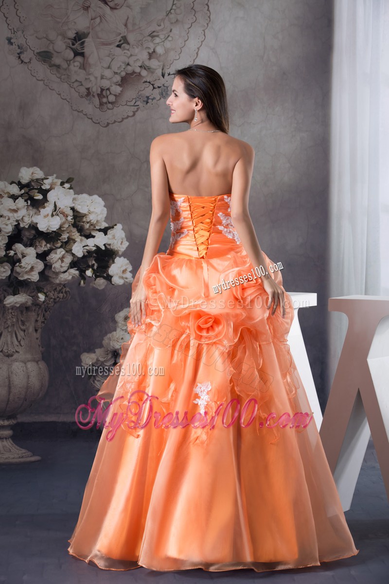 Orange Organza Quinceanera Dress with Appliques and Flowers