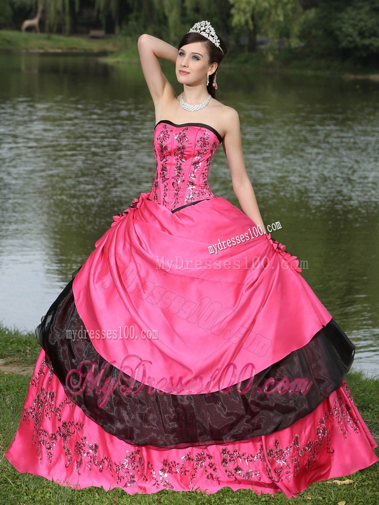 Embroidery and Flowery Quiceanera Dress in Hot Pink and Black