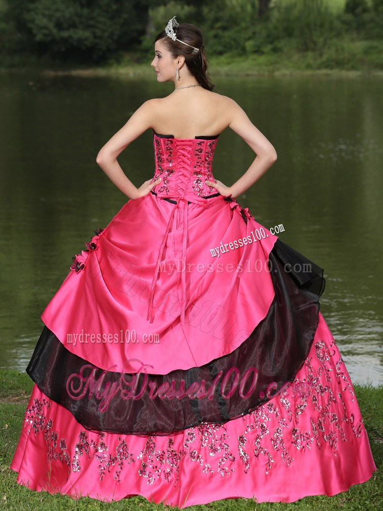 Embroidery and Flowery Quiceanera Dress in Hot Pink and Black