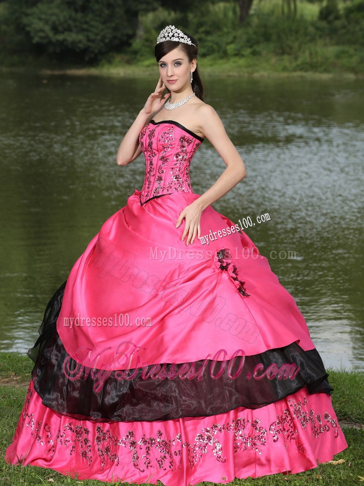 Embroidery and Flowery Quiceanera Dress in Hot Pink and Black