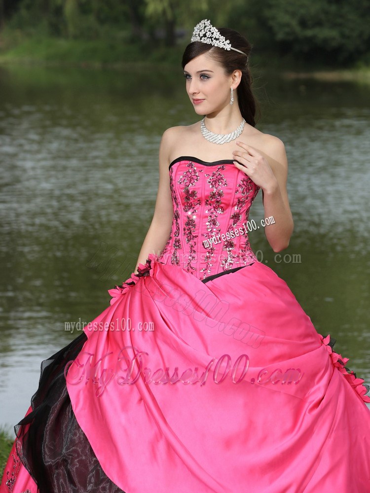 Embroidery and Flowery Quiceanera Dress in Hot Pink and Black