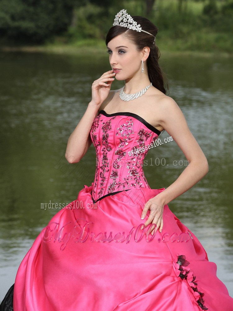 Embroidery and Flowery Quiceanera Dress in Hot Pink and Black