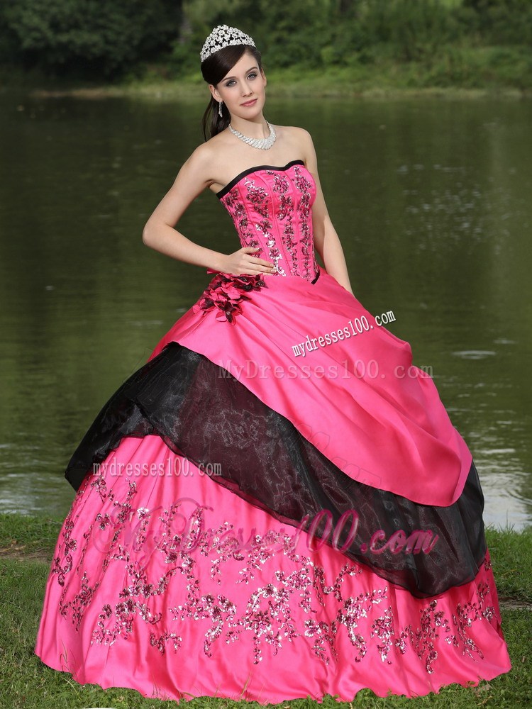 Embroidery and Flowery Quiceanera Dress in Hot Pink and Black