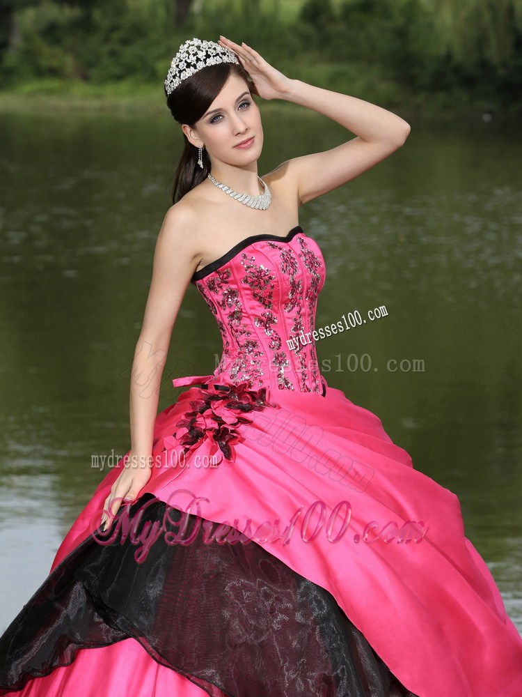 Embroidery and Flowery Quiceanera Dress in Hot Pink and Black