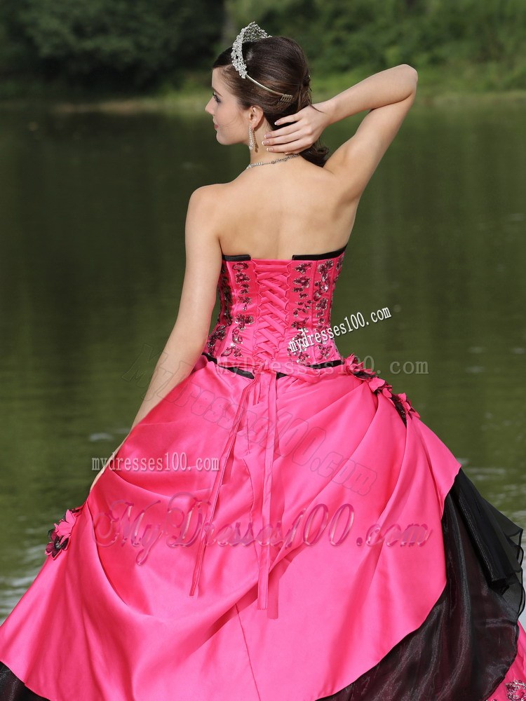 Embroidery and Flowery Quiceanera Dress in Hot Pink and Black