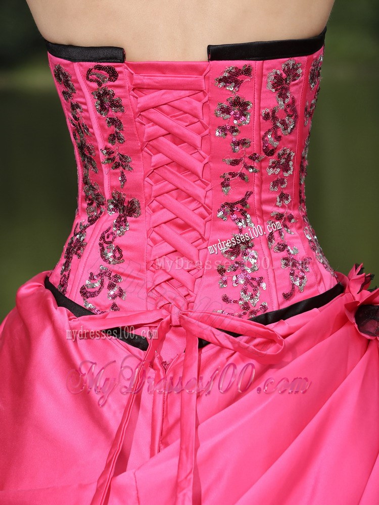 Embroidery and Flowery Quiceanera Dress in Hot Pink and Black