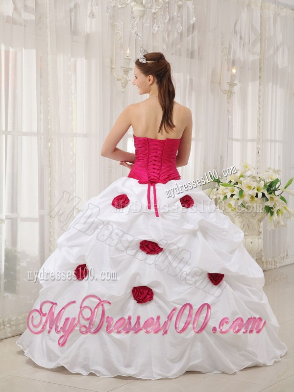 Hot Pink and White Beaded Dresses of 15 with Pick-ups and Hand Made Flowers
