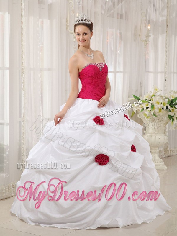 Hot Pink and White Beaded Dresses of 15 with Pick-ups and Hand Made Flowers