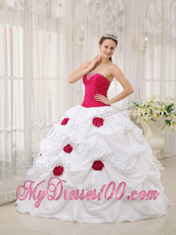 Hot Pink and White Beaded Dresses of 15 with Pick-ups and Hand Made Flowers