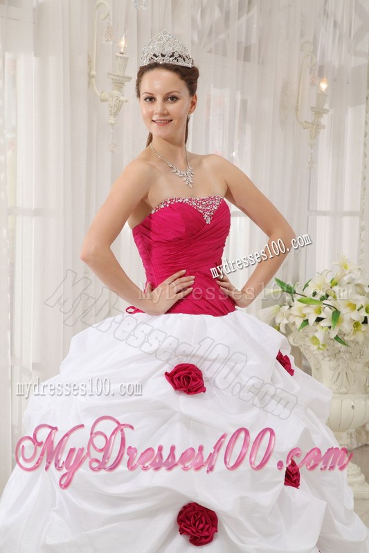 Hot Pink and White Beaded Dresses of 15 with Pick-ups and Hand Made Flowers
