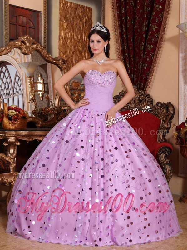 Lavender Tulle Paillette Puffy Floor-length Ball Gown Dresses for Quinceanera