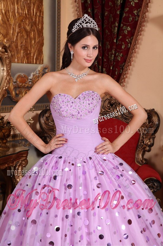 Lavender Tulle Paillette Puffy Floor-length Ball Gown Dresses for Quinceanera