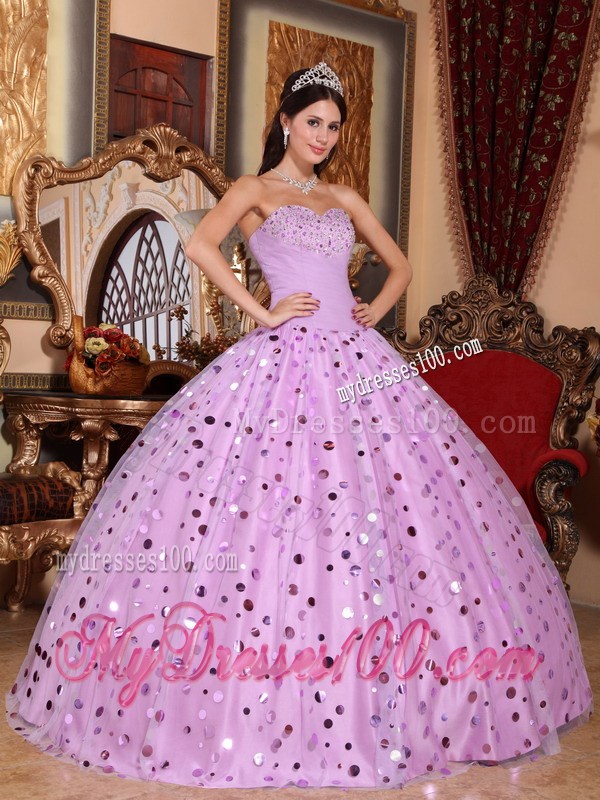 Lavender Tulle Paillette Puffy Floor-length Ball Gown Dresses for Quinceanera