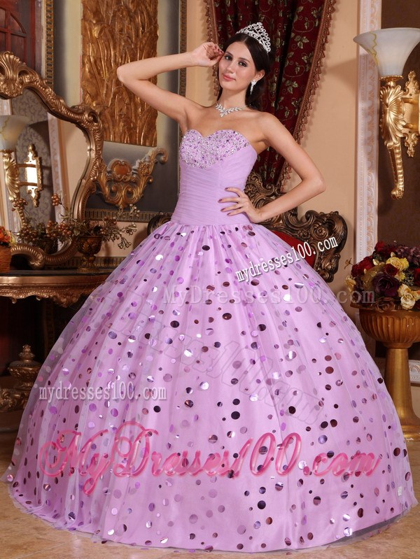 Lavender Tulle Paillette Puffy Floor-length Ball Gown Dresses for Quinceanera