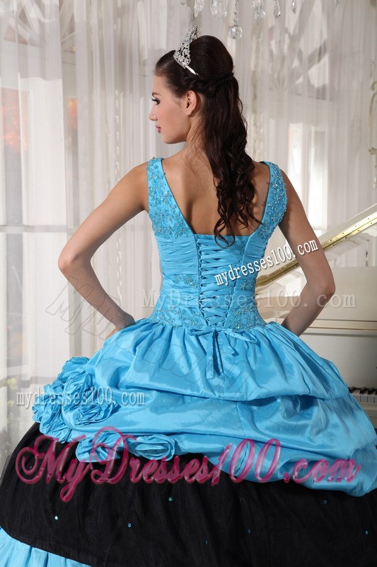 Light Blue and Black Ball Gown Ruching Layers Quinceanera Dress with Pick-Ups