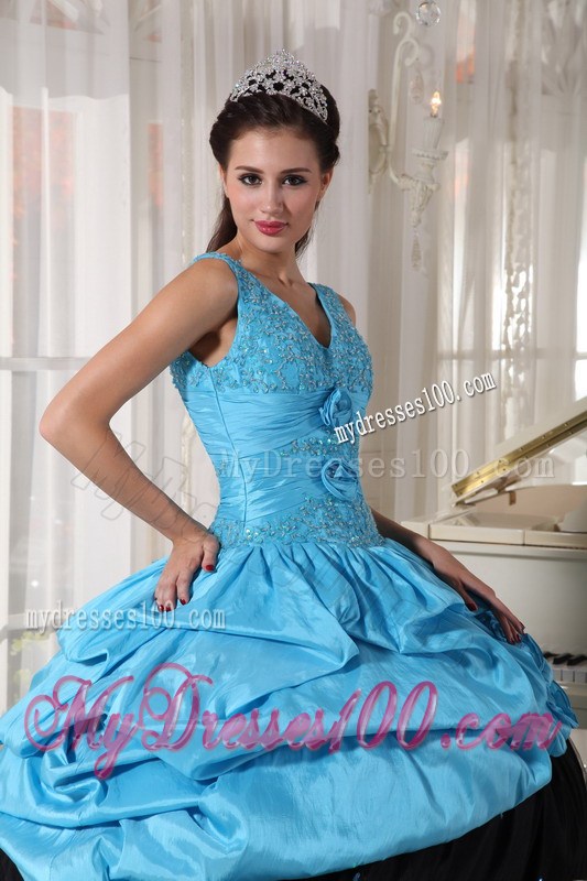 Light Blue and Black Ball Gown Ruching Layers Quinceanera Dress with Pick-Ups