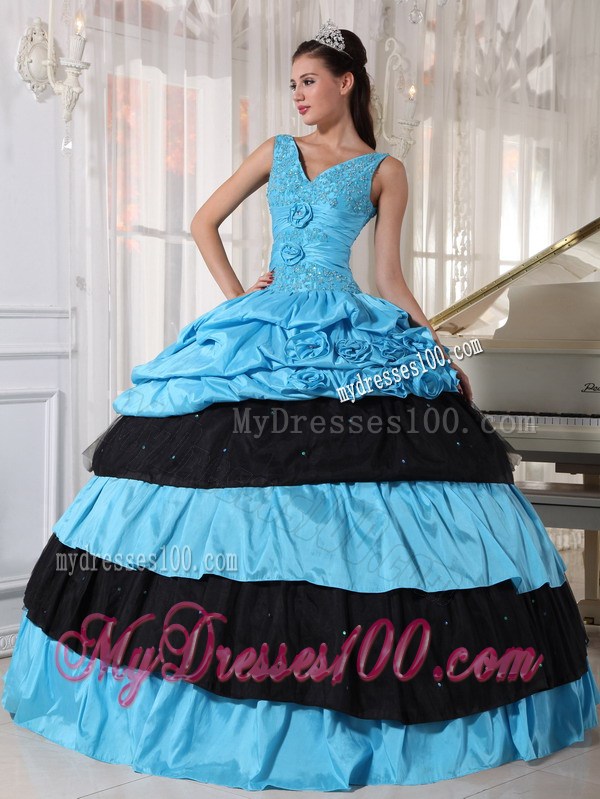 Light Blue and Black Ball Gown Ruching Layers Quinceanera Dress with Pick-Ups