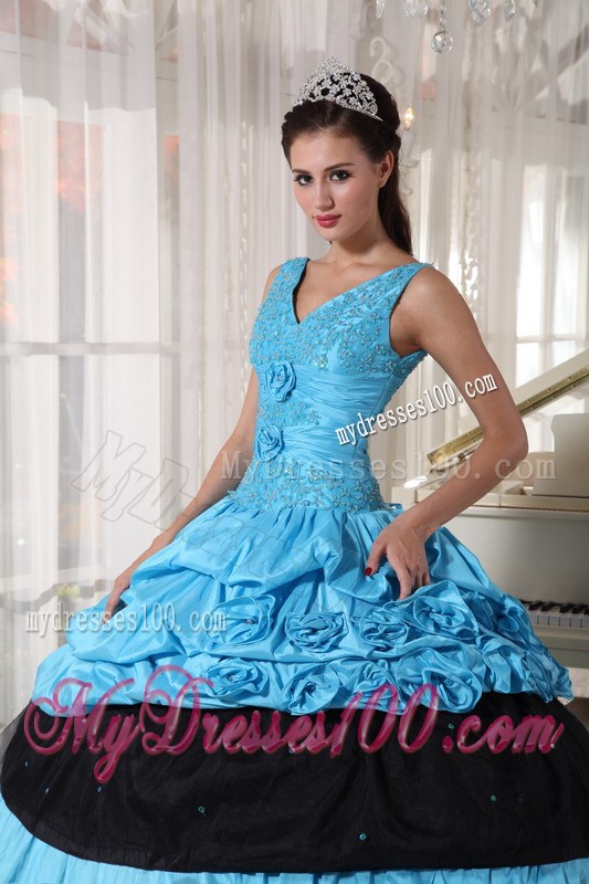 Light Blue and Black Ball Gown Ruching Layers Quinceanera Dress with Pick-Ups
