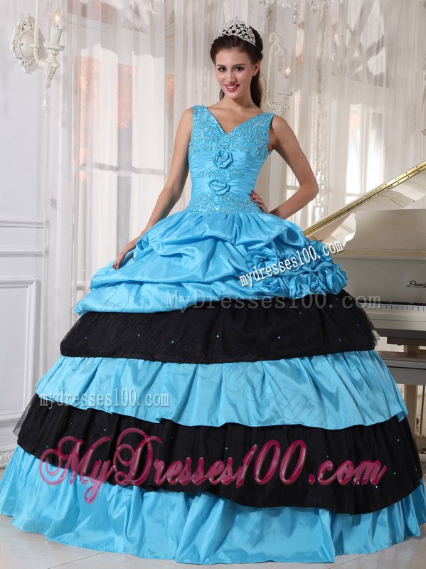 Light Blue and Black Ball Gown Ruching Layers Quinceanera Dress with Pick-Ups