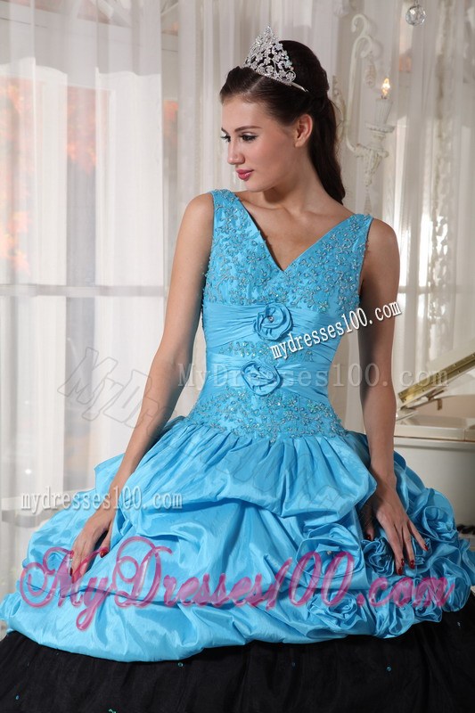 Light Blue and Black Ball Gown Ruching Layers Quinceanera Dress with Pick-Ups