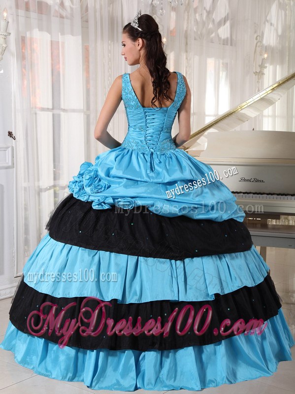 Light Blue and Black Ball Gown Ruching Layers Quinceanera Dress with Pick-Ups
