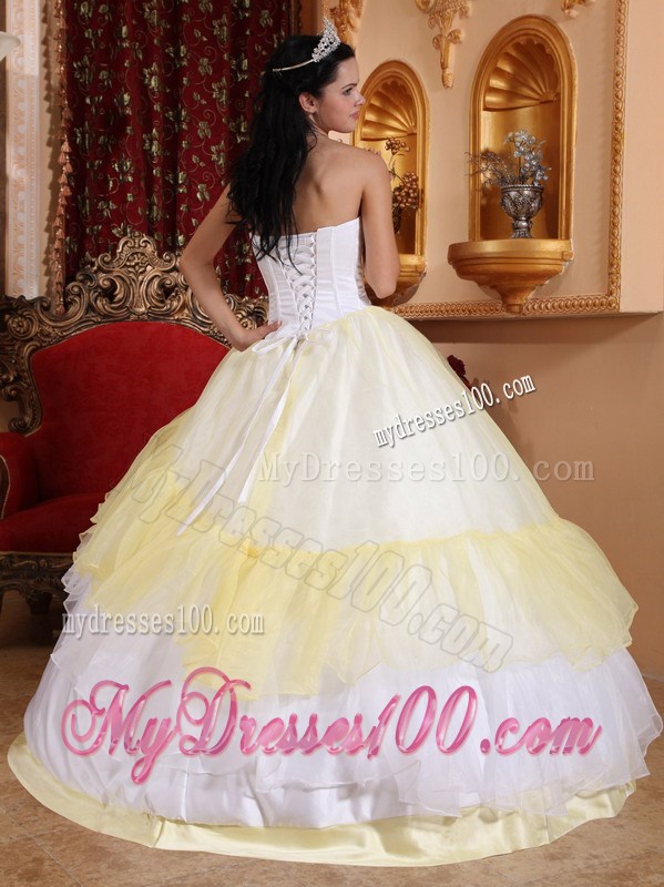 Light Yellow and White Floral Embroidery Quincianera Dresses